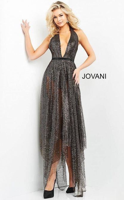 Jovani Prom Long Halter Metallic A Line Dress 05068 - The Dress Outlet