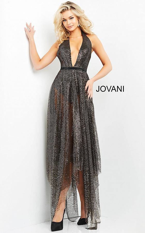 Jovani 05068 Prom Long Halter Metallic A Line Dress