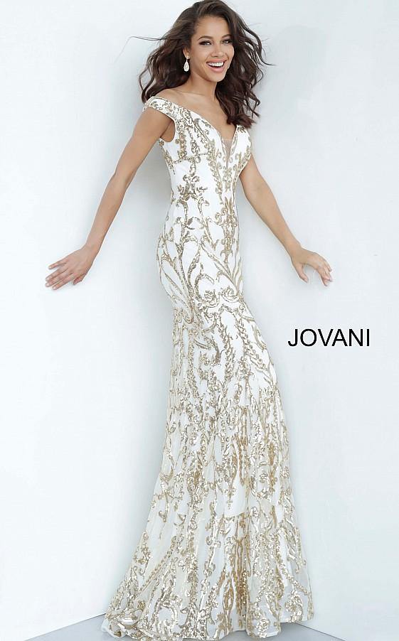 Jovani Prom Long Off Shoulder Metallic Dress 63349 - The Dress Outlet