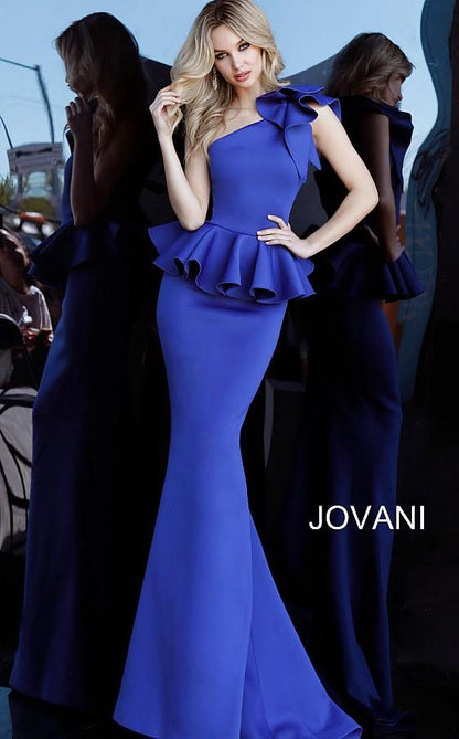 Jovani Prom Long One Shoulder Peplum Dress 63584 - The Dress Outlet