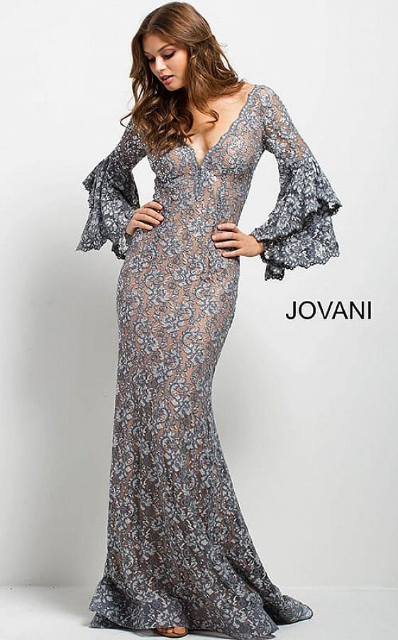 Jovani Prom Long Sleeve Mermaid Lace Dress 57048 - The Dress Outlet