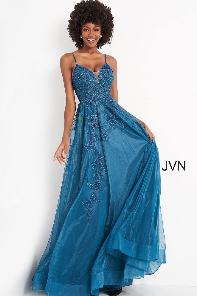 Jovani 02266 Prom Long Spaghetti Strap A Line Dress - Red / 4 Jovani 02266 Prom Long Spaghetti Strap A Line Dress - Red / 4