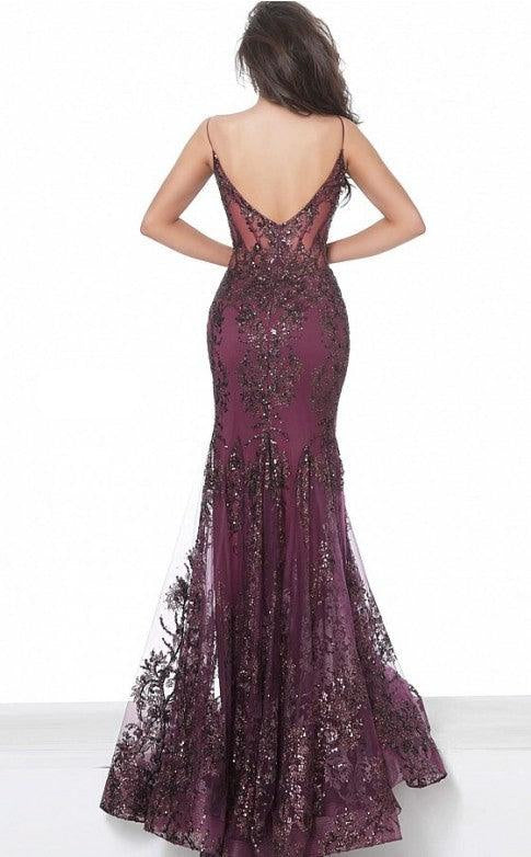 Eggplant Jovani 3675 Prom Long Spaghetti Straps Mermaid Gown for $578.0