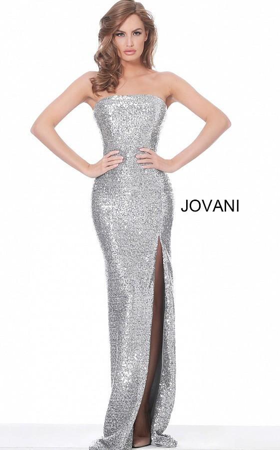 Jovani Silver Strapless High Slit Evening Dress 02554 - The Dress Outlet