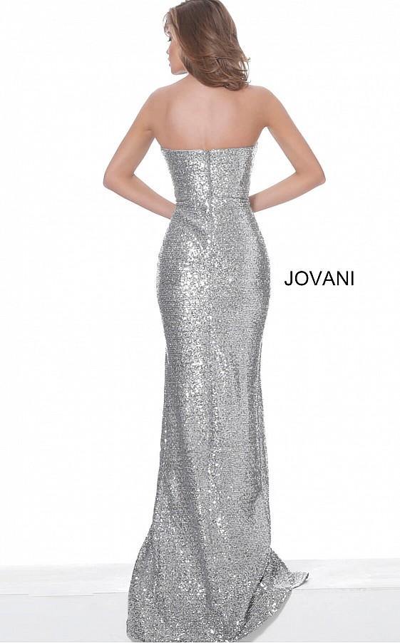 Jovani 02554 Silver Strapless High Slit Evening Dress