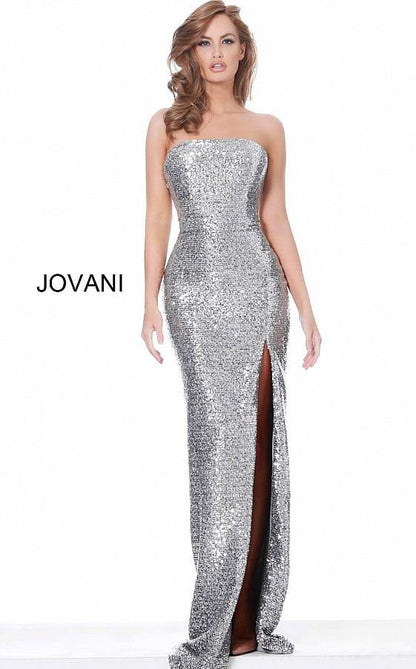Jovani Silver Strapless High Slit Evening Dress 02554 - The Dress Outlet