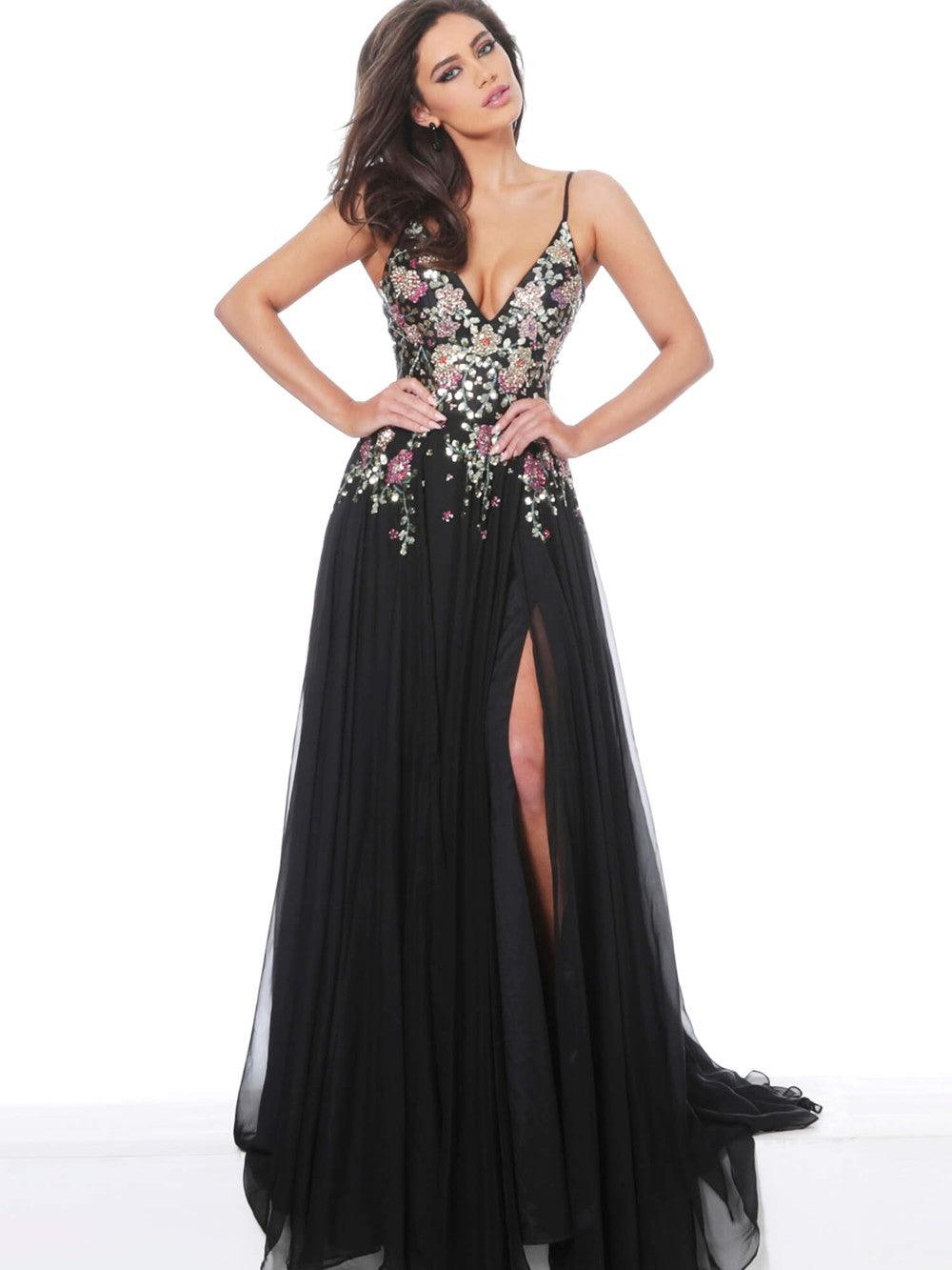 Jovani Spaghetti Strap Embroidered Long Gown 67408 - The Dress Outlet