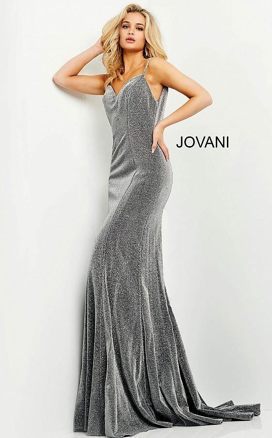 Jovani Spaghetti Strap Glitter Long Prom Gown B68125 - The Dress Outlet
