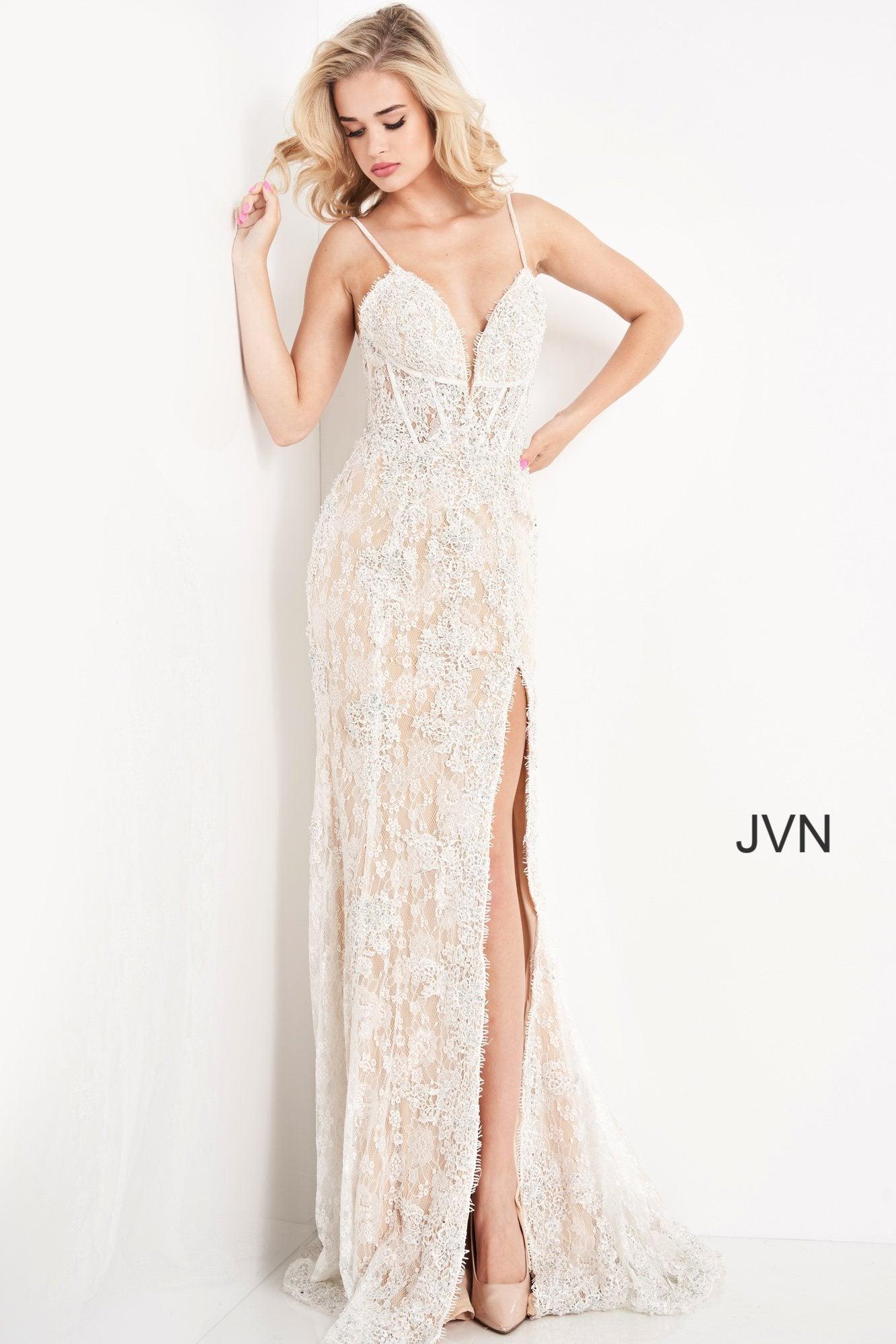 Jovani Spaghetti Strap Lace Long Prom Dress 05757 - The Dress Outlet
