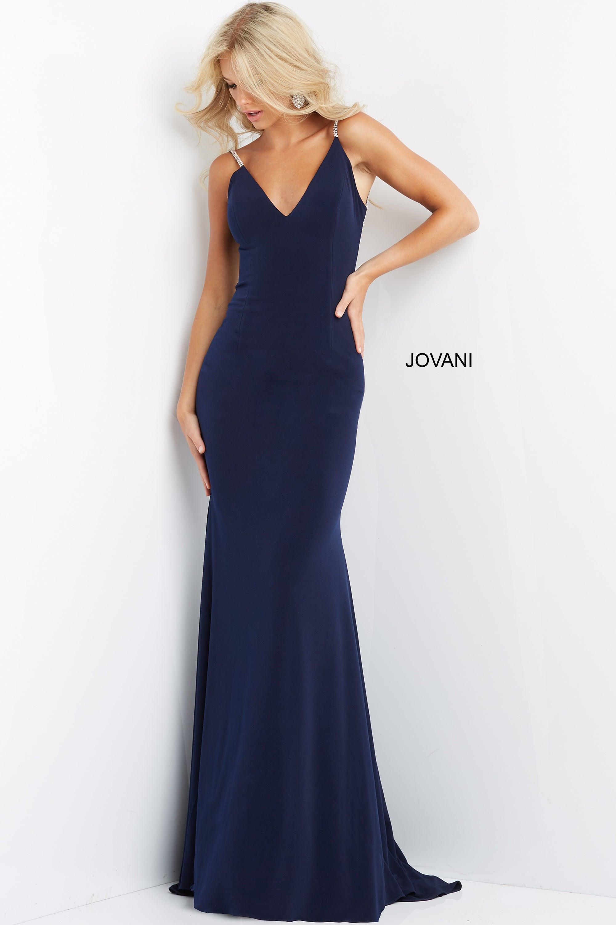 Jovani Spaghetti Strap Long Fitted Gown 07297 - The Dress Outlet