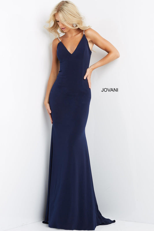 Jovani Spaghetti Strap Long Fitted Gown 07297 - The Dress Outlet