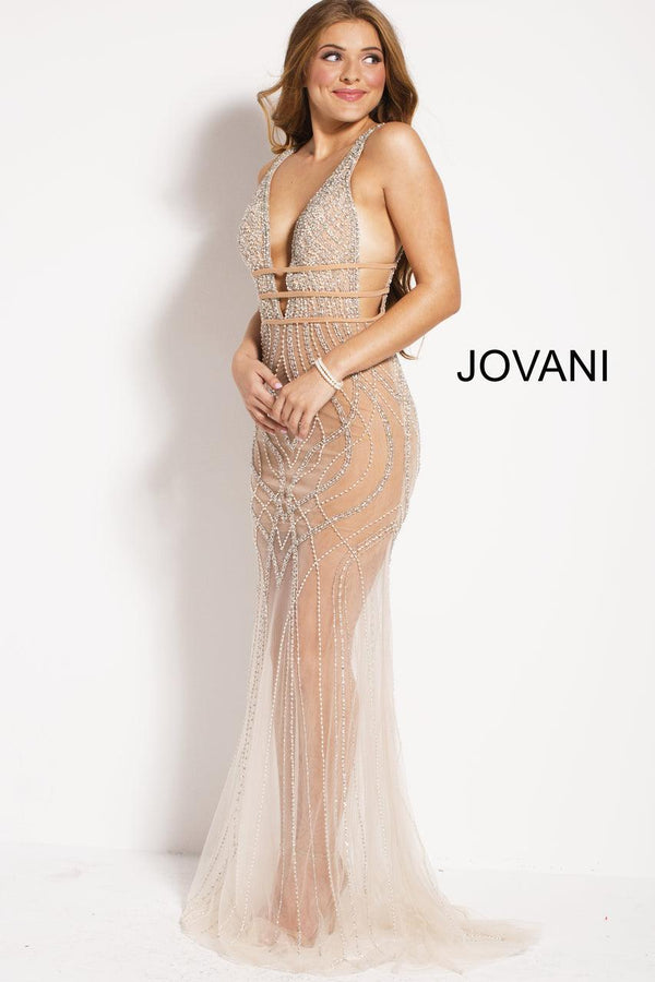 Jovani 51272 Sparkling Sheer Plunging Long Evening Dress