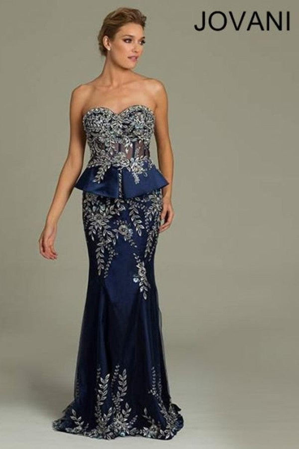 Jovani 90329 Strapless Floral Long Peplum Prom Dress