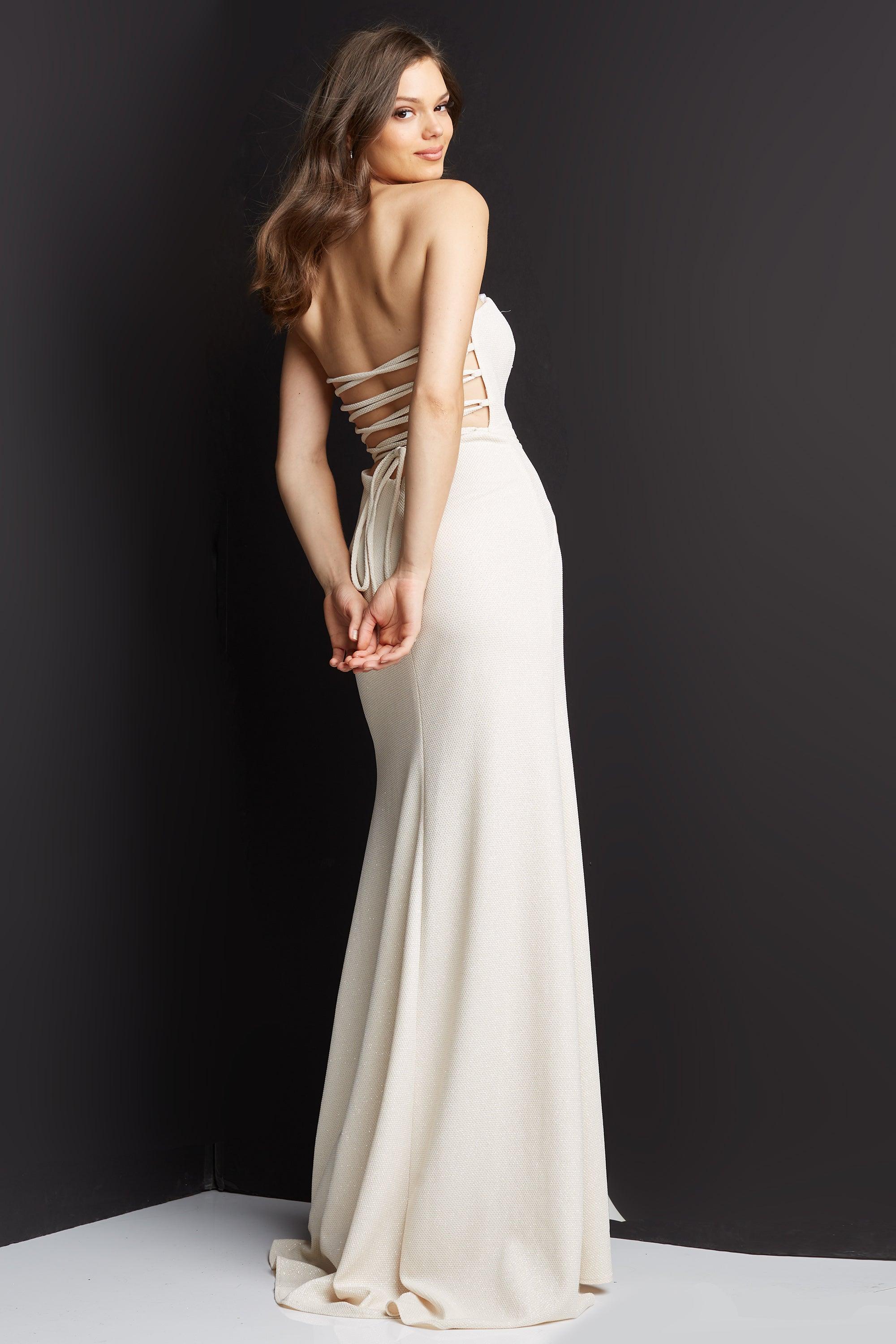 Strapless Tie Back Prom Dress By Jovani -JVN08510 4 / NAVY Strapless Tie Back Prom Dress By Jovani -JVN08510 4 / NAVY