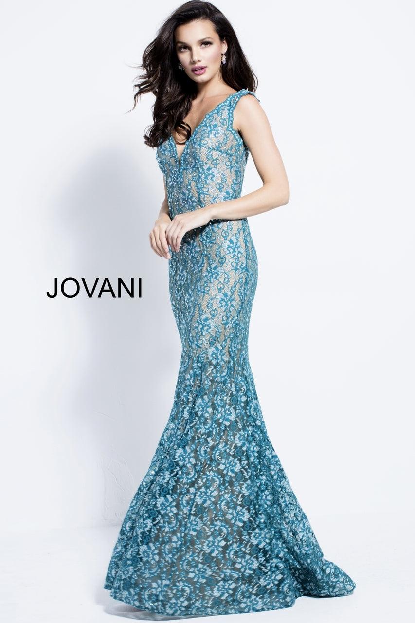 Jovani V-Neck Lace Mermaid Long Prom Dress 57046 - The Dress Outlet