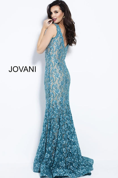 Jovani V-Neck Lace Mermaid Long Prom Dress 57046 - The Dress Outlet