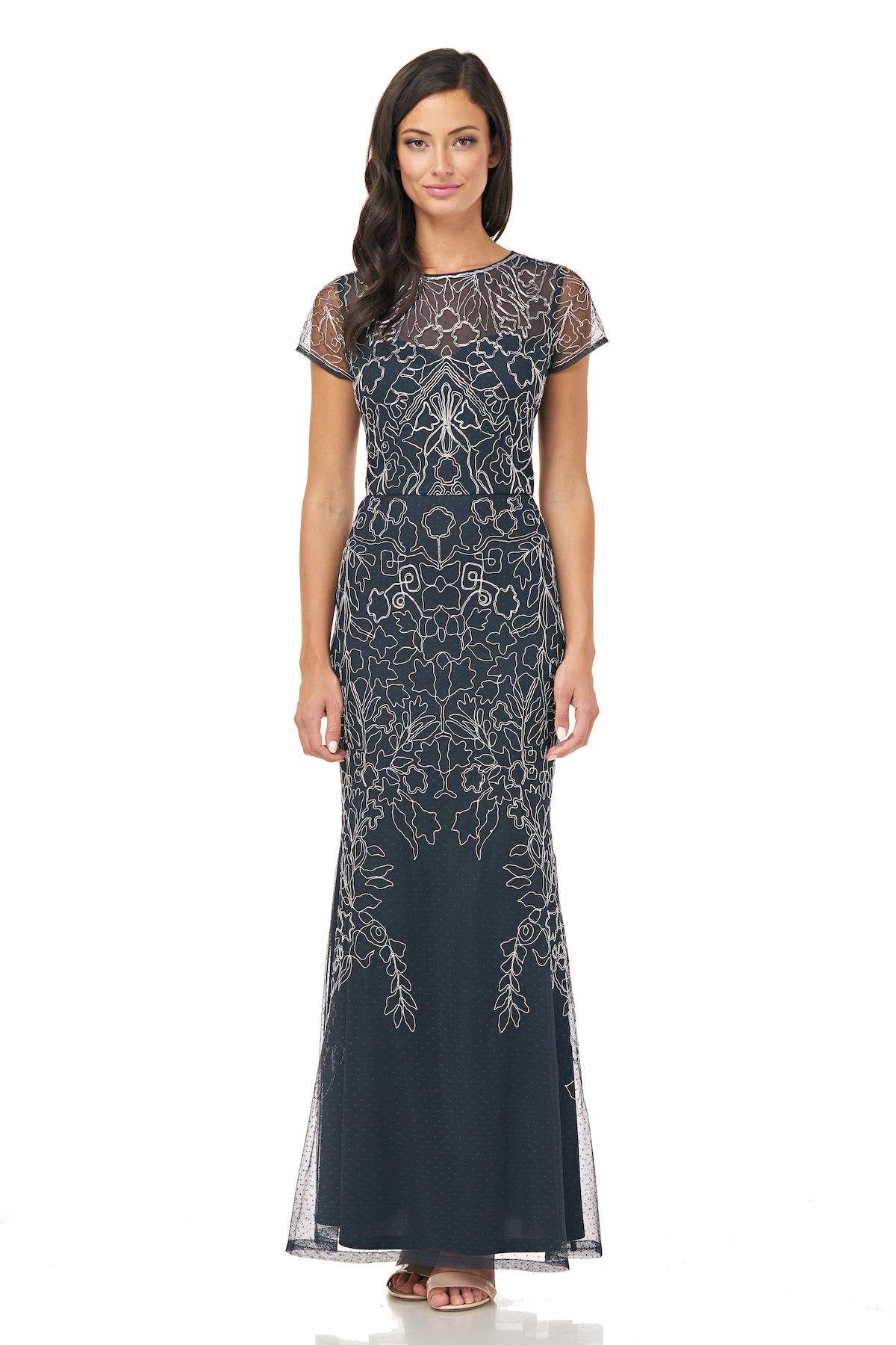 NAVY SILVER JS Collections Long Formal Short Sleeve Dress 866758 for 206.99 The Dress Outlet
