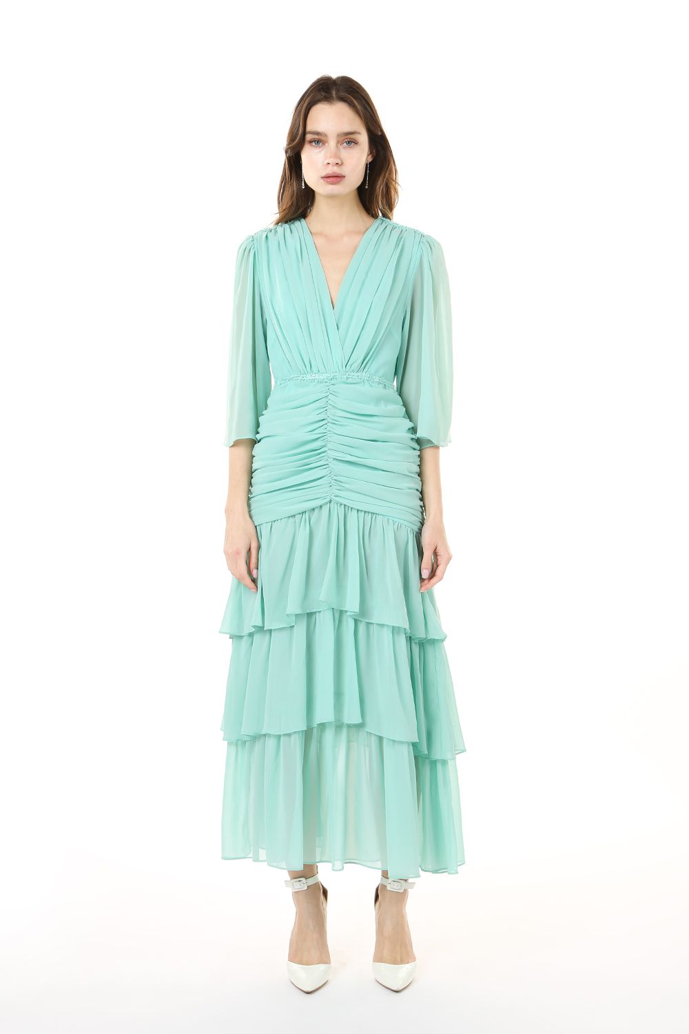Beulah Styles V Neck Tiered Flounce Chiffon Tea Length Dress - Mint - Size M - Elegant Cocktail Dress Beulah Styles V Neck Tiered Flounce Chiffon Tea Length Dress - Mint - Size M - Elegant Cocktail Dress