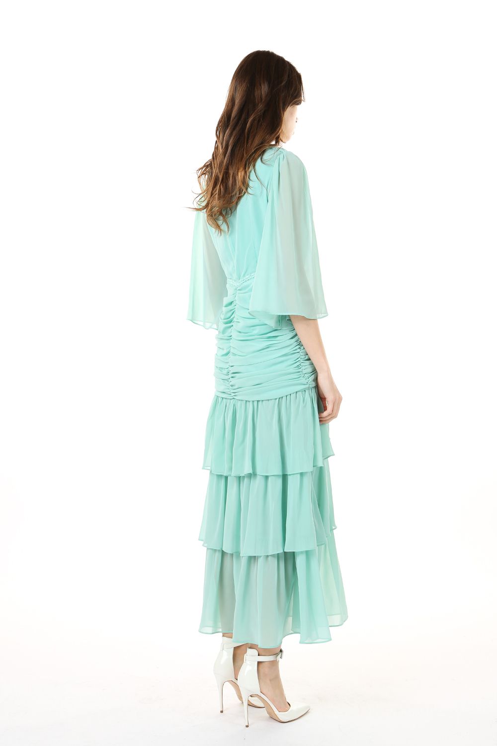 V Neck Tiered Flounce Chiffon Tea Length Dress
