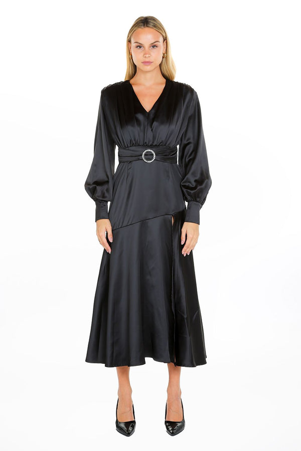 Long Sleeve Satin V Neck Maxi Dress