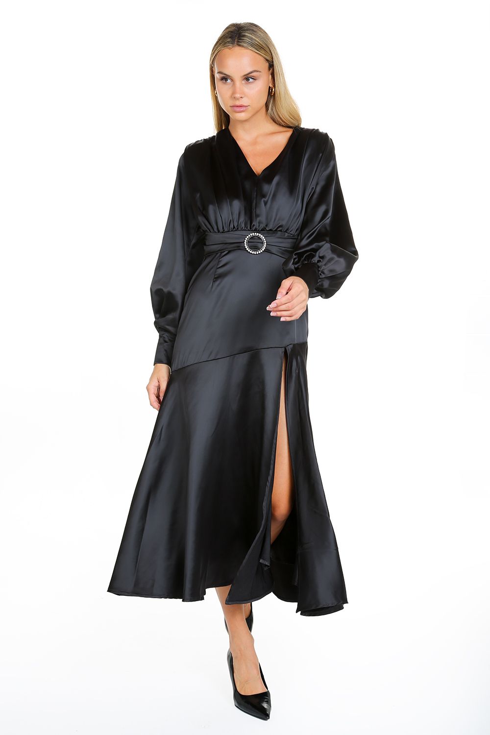 Black Long Sleeve Satin V Neck Maxi Dress for $119.99 – The Dress Outlet