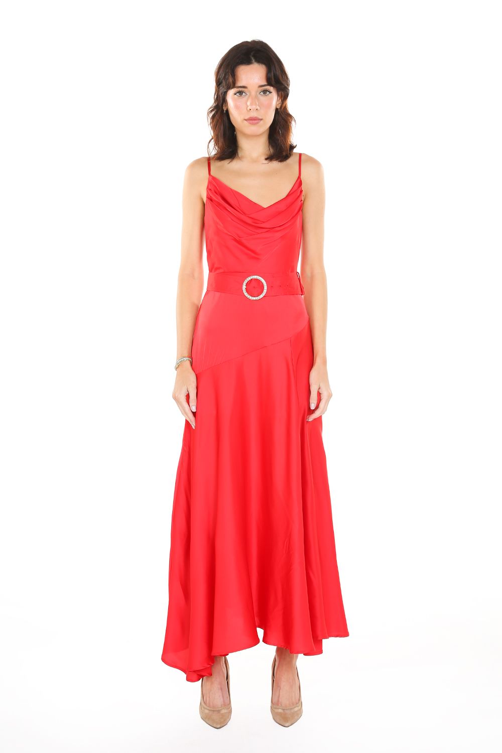 Pleated Cowl Neck Spaghetti Strap Satin Dress