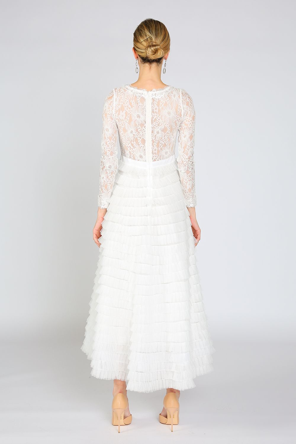 Long Sleeve Lace Trim Maxi Dress White main image 0