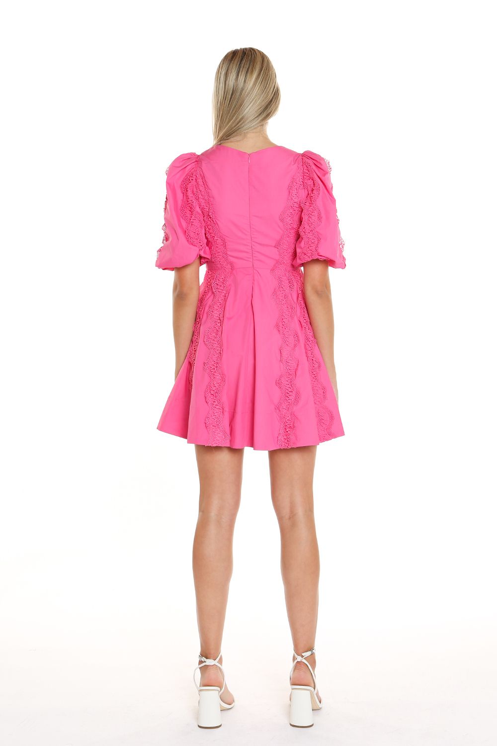 Short V Neck Lace Trim Puff Shoulder Dress