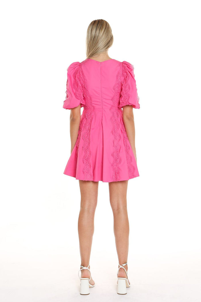 Cocktail Dresses Short V Neck Lace Trim Puff Shoulder Dress Fuchsia