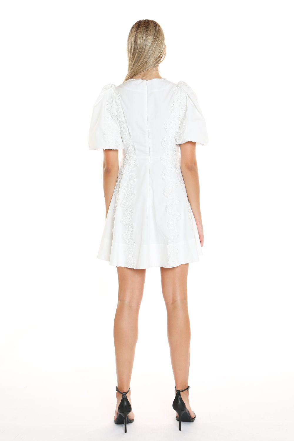 Short V Neck Lace Trim Puff Shoulder Dress