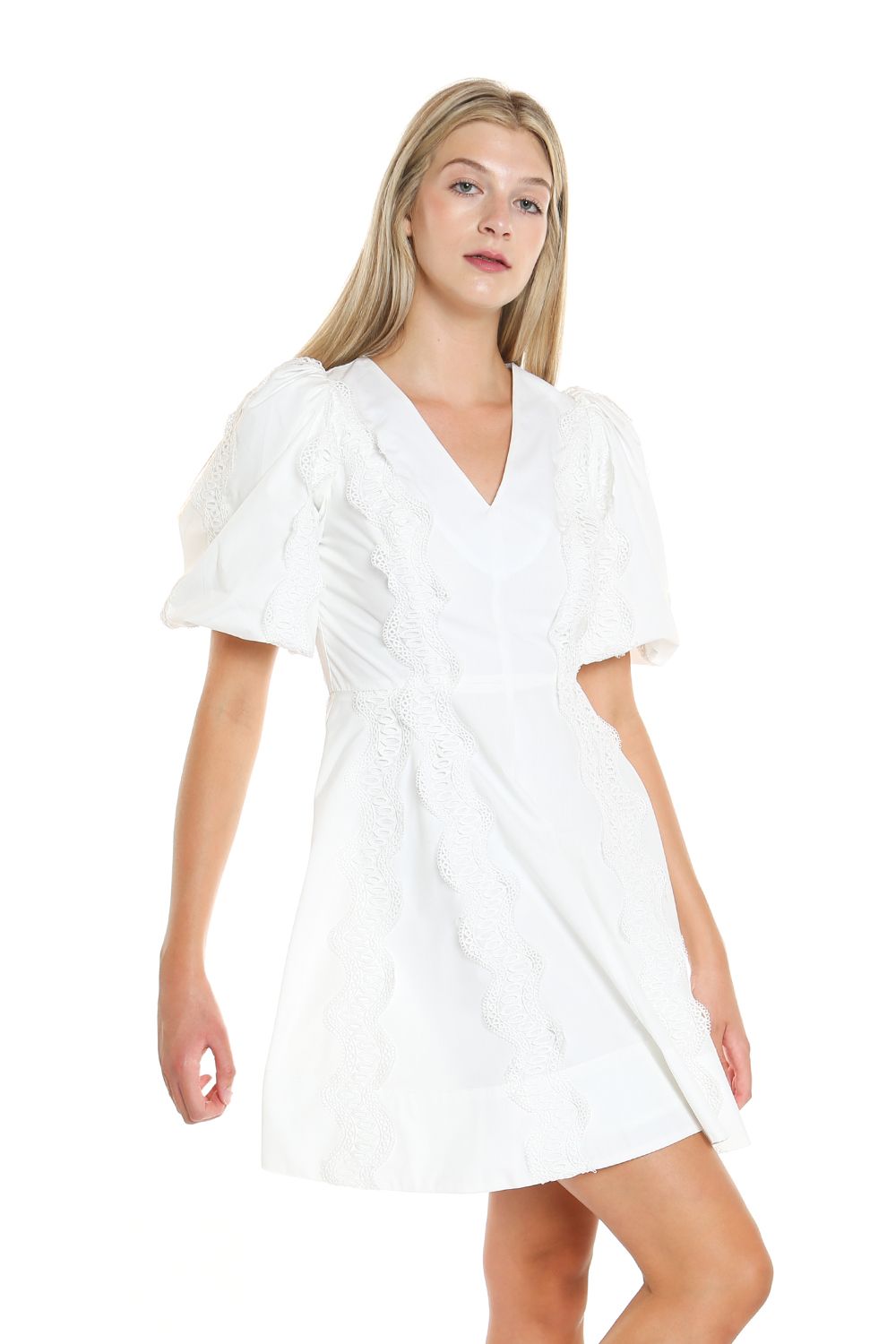 Short V Neck Lace Trim Puff Shoulder Dress
