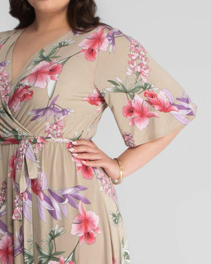Kiyonna Formal Wrap Floral Dress - The Dress Outlet