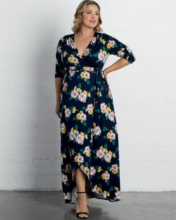 Kiyonna Long Formal Maxi Dress - Teal Topaz - 3/4 Sleeve V-Neckline - True Wrap Design Kiyonna Long Formal Maxi Dress - Teal Topaz - 3/4 Sleeve V-Neckline - True Wrap Design