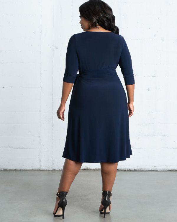 Kiyonna Short Formal Wrap Dress - Navy Blue - 3/4 Sleeve Sweetheart Neckline