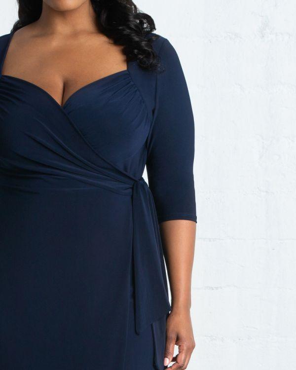 Kiyonna Short Formal Wrap Dress - Navy Blue - 3/4 Sleeve Sweetheart Neckline - Size 5X Kiyonna Short Formal Wrap Dress - Navy Blue - 3/4 Sleeve Sweetheart Neckline - Size 5X