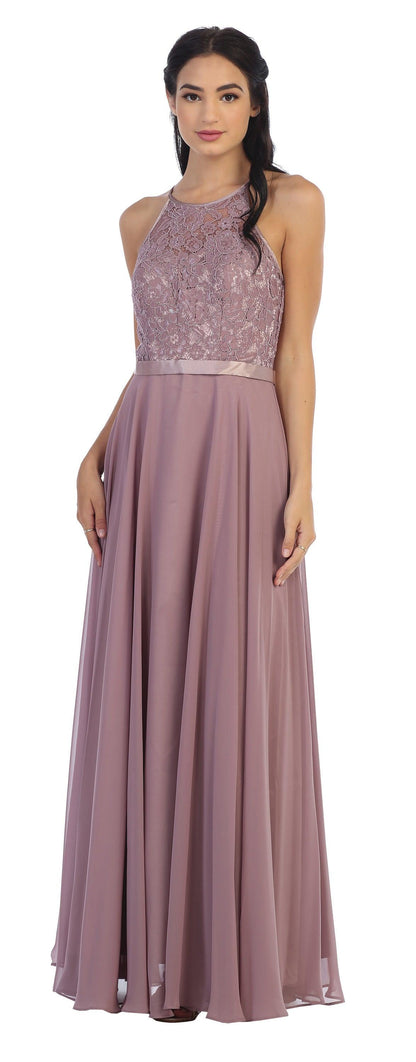 Lace Halter Chiffon Long Bridesmaids Dress - The Dress Outlet