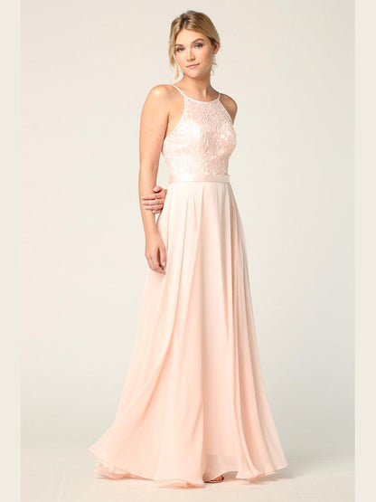 Lace Halter Chiffon Long Bridesmaids Dress - The Dress Outlet