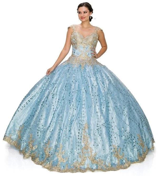Long Ball Gown Cap Sleeve Glitter Quinceanera Dress