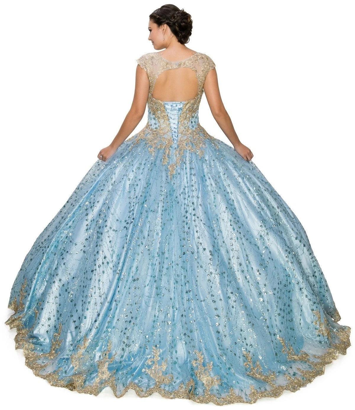Long Ball Gown Cap Sleeve Glitter Quinceanera Dress