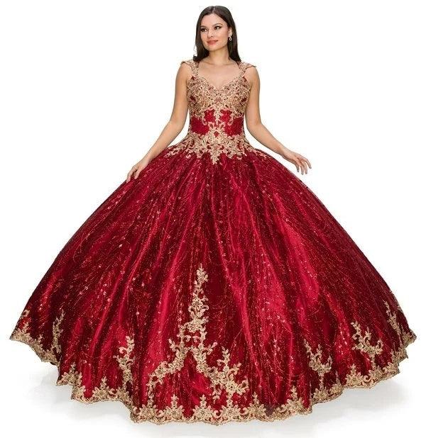 Long Ball Gown Cap Sleeve Glitter Quinceanera Dress