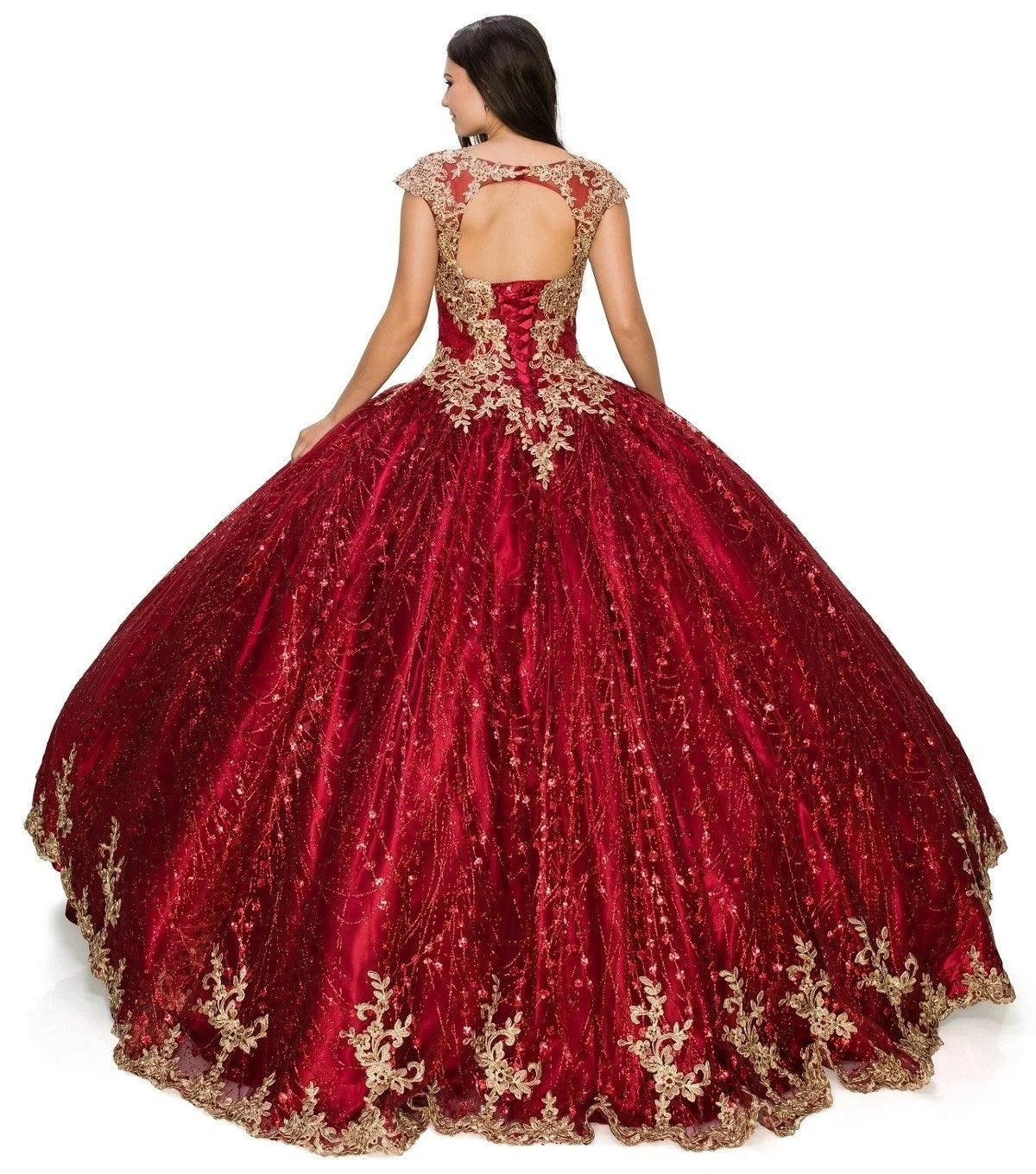 Long Ball Gown Cap Sleeve Glitter Quinceanera Dress - The Dress Outlet