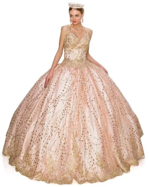 Long Ball Gown Cap Sleeve Glitter Quinceanera Dress