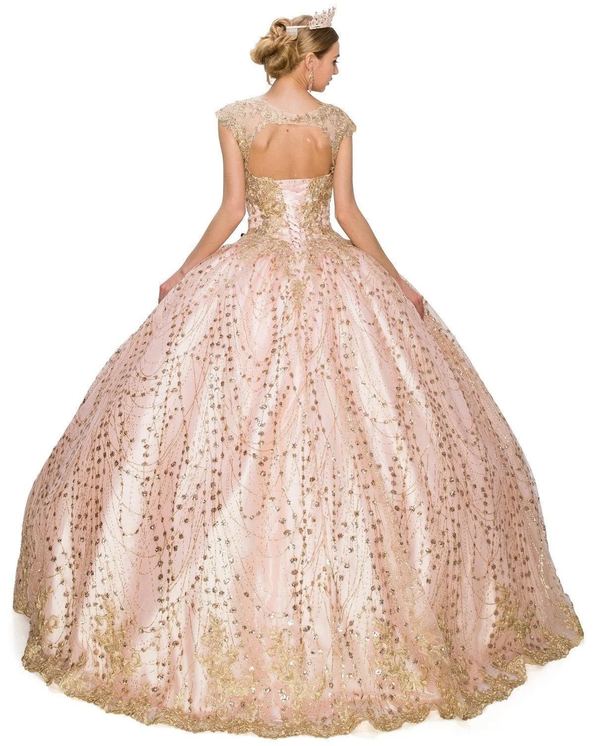 Long Ball Gown Cap Sleeve Glitter Quinceanera Dress
