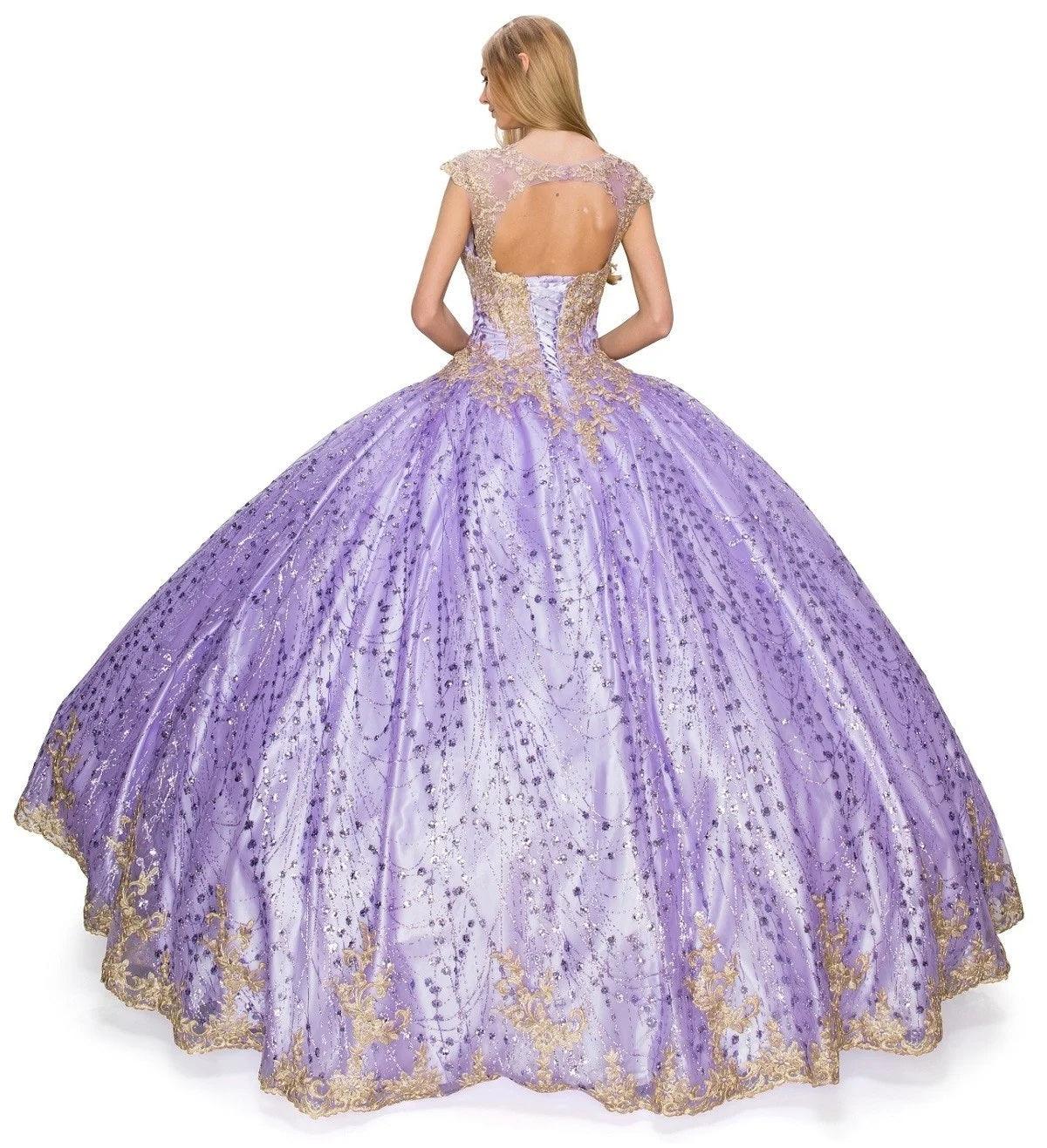 Long Ball Gown Cap Sleeve Glitter Quinceanera Dress - The Dress Outlet