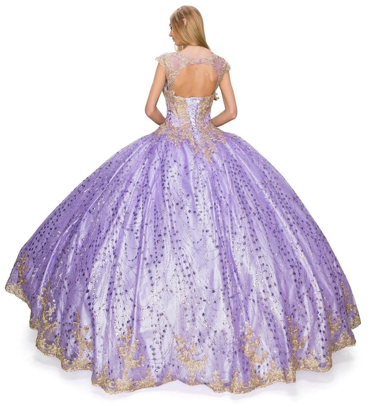 Long Ball Gown Cap Sleeve Glitter Quinceanera Dress