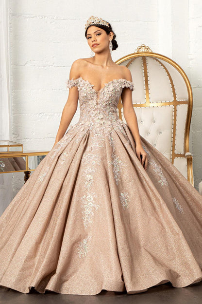 Long Ball Gown Glitter Crepe Quinceanera Dress - The Dress Outlet