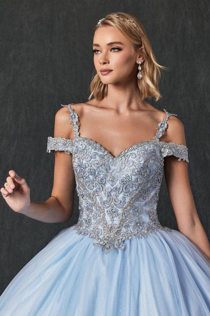 Long Ball Gown Off Shoulder Beaded Quinceanera Dress - The Dress Outlet