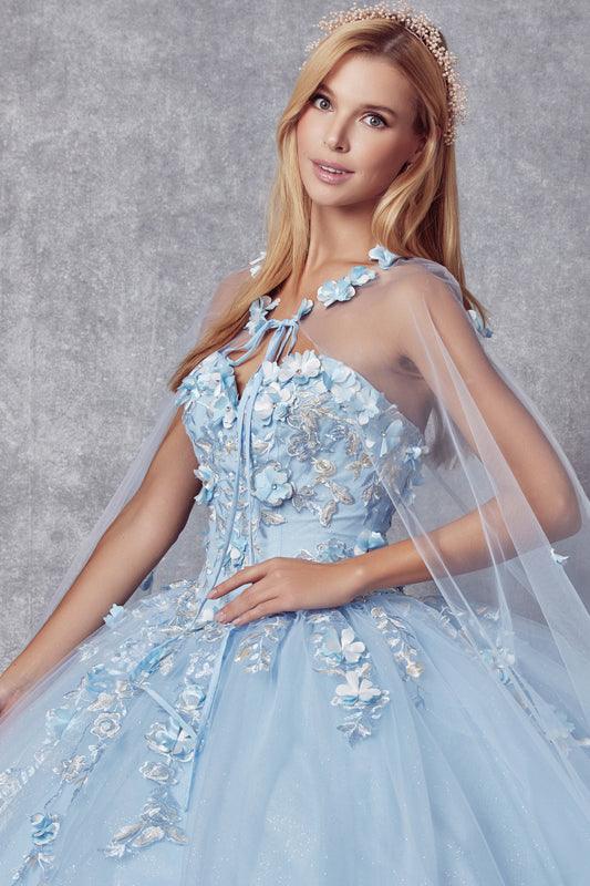 Long Ball Gown Strapless Quinceanera Cape Dress