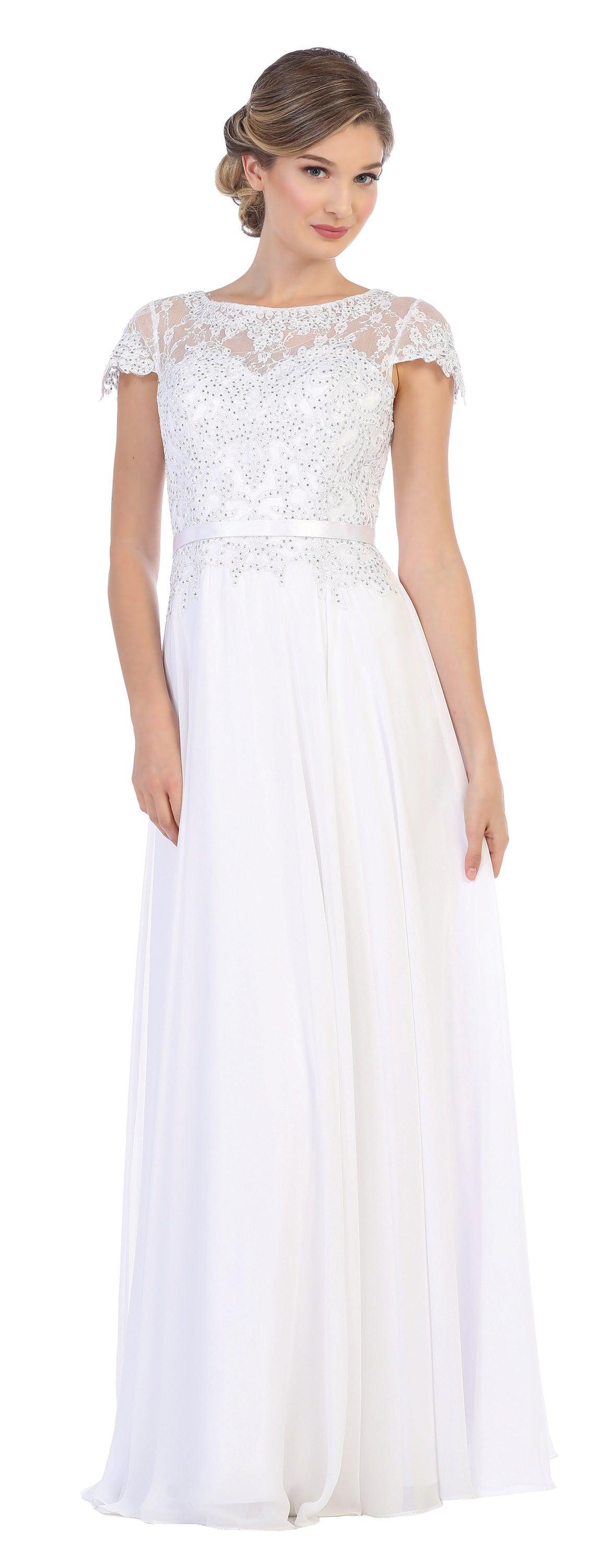 Long Bridal Gown Short Sleeve Chiffon Wedding Dress - The Dress Outlet