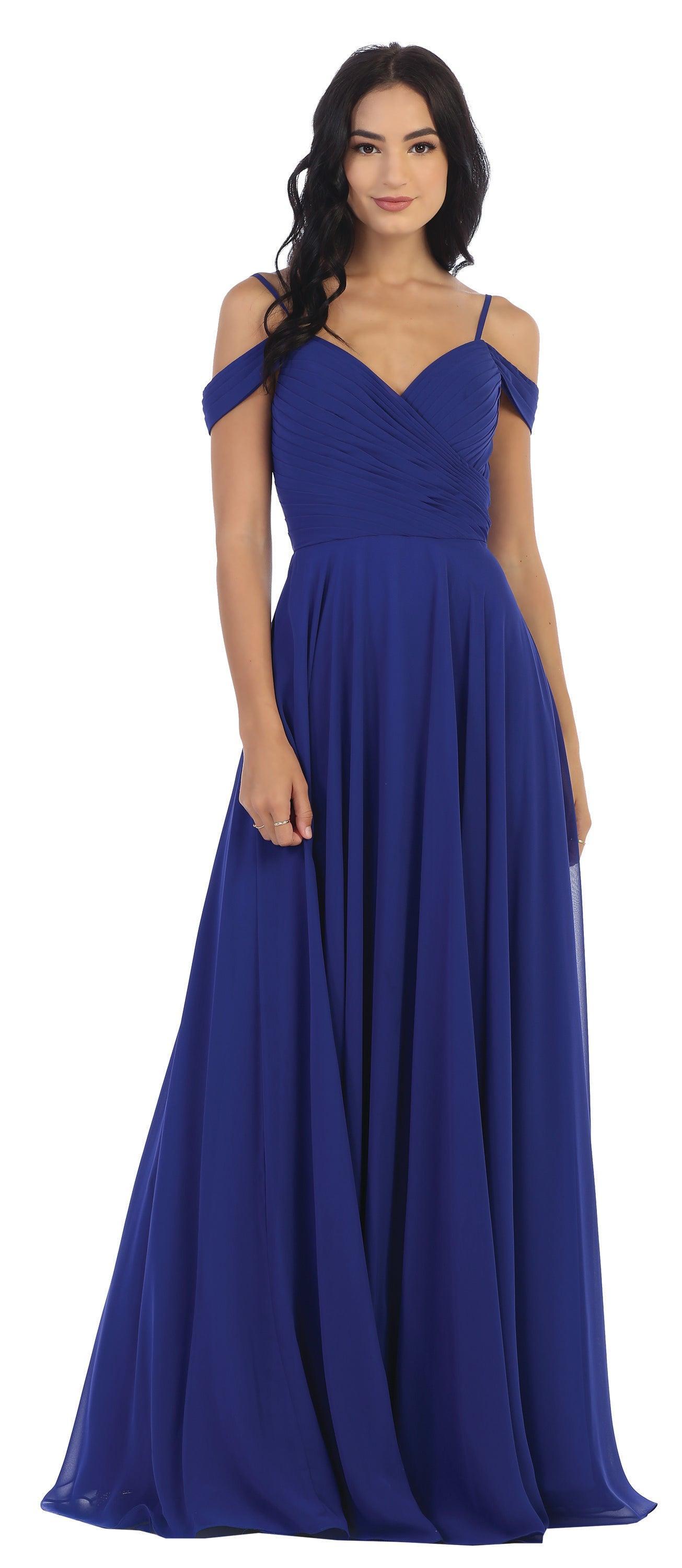 Long Bridesmaids Pleated Off Shoulder Chiffon Gown Sale - The Dress Outlet